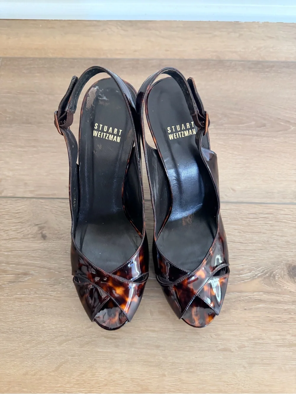Stuart Weitzman Tortoiseshell Patent Leather Peep-Toe Platform Slingbacks